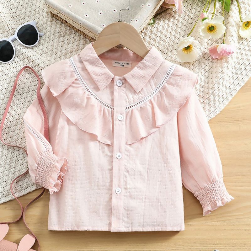 Toddler Flickor Broderi Volang Trim Button Up Blus