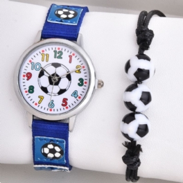 2st Barn Pojkar Blå Canvas Armband Student Watch Fotboll Set