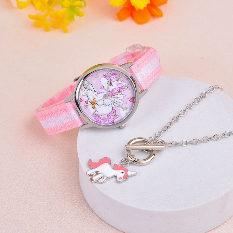 2st Flickor Tecknad Unicorn Quartz Armbandsur & Djurhänge Armband Set Julklapp