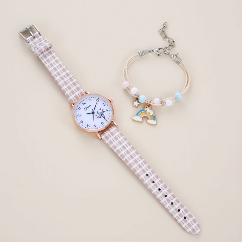 Flickor Modeabla Chic Rund Pinwheel Quartz Watch + Small Rainbow Armband