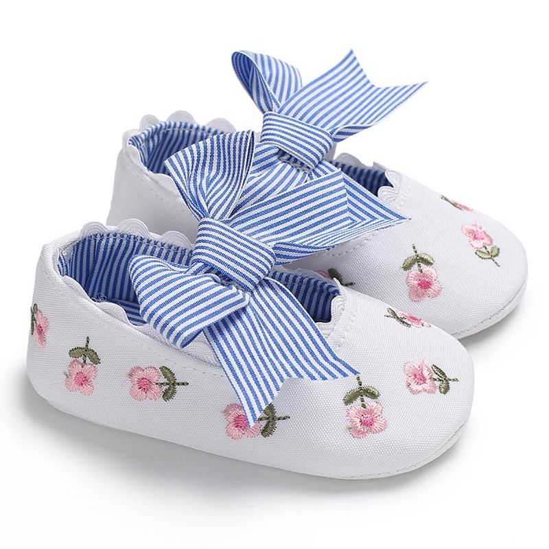 Bebis Flickor Stripe Bow-knot Blommor Broderi Dekor Casual Flat Balett Skor Spjälsäng