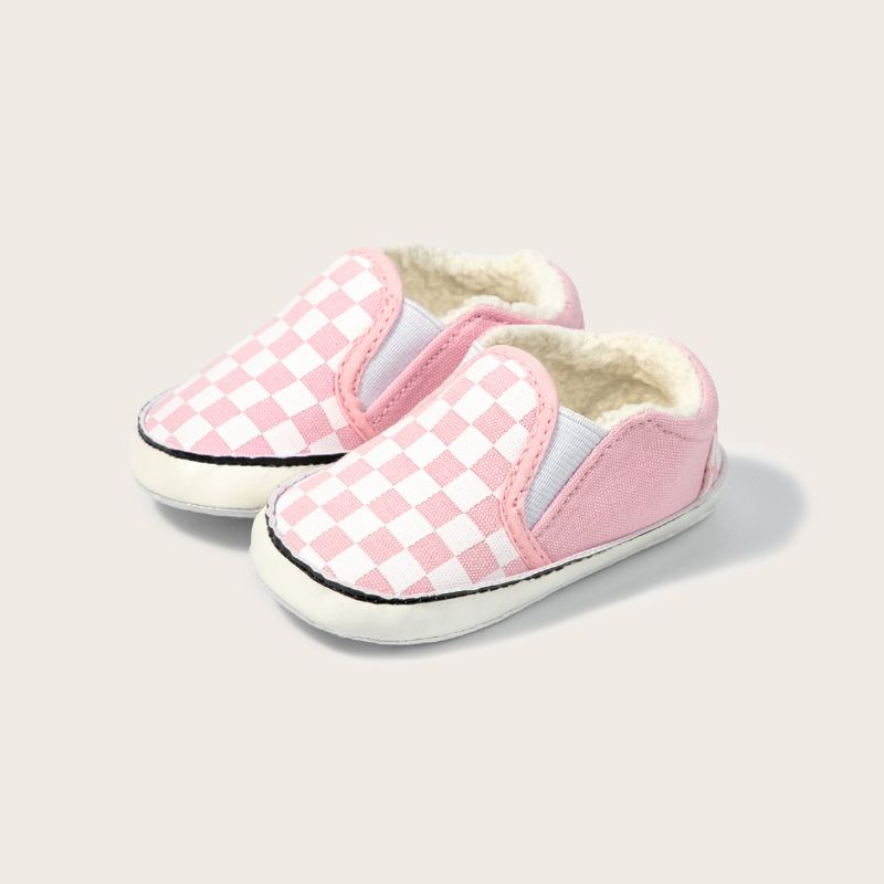 Spädbarn Bebis Canvas Skor Rutmönster Mjuk Sula Slip On Casual Sneakers First Walkers Plyschfodrade Loafers Spjälsäng