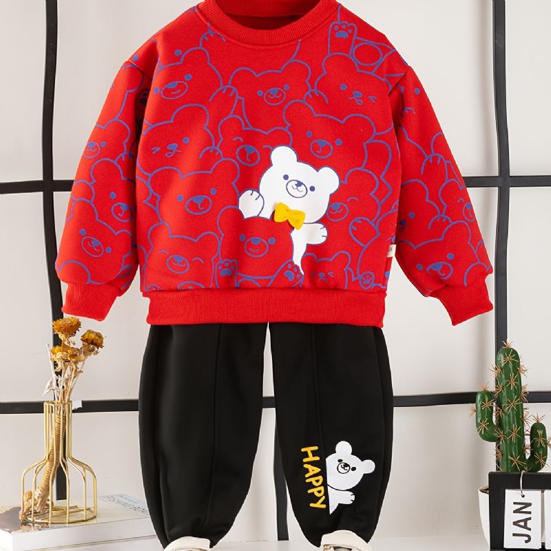 2st Bebis Pojkar Bear Print Pullover Rund Neck Långärmad Sweatshirt & Byxset Barnkläder