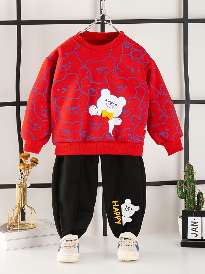 2st Bebis Pojkar Bear Print Pullover Rund Neck Långärmad Sweatshirt & Byxset Barnkläder