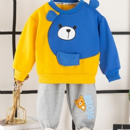 2st Bebis Pojkar Cartoon Bear Splicing Pullover Rund Hals Långärmad Sweatshirt & Byxset Barnkläder