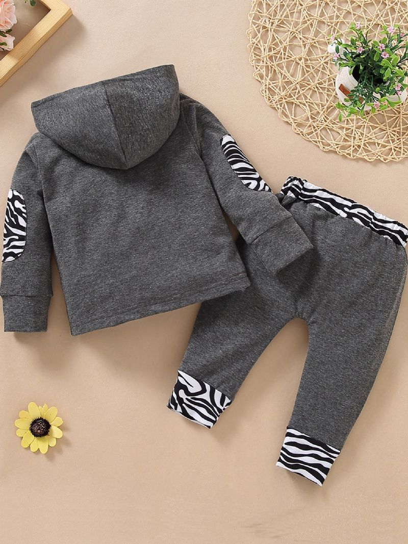 2st Bebis Pojkar Djurmönster Hood Sweatshirt & Kontrast Trim Byxor Set