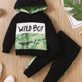 2st Bebis Pojkar Slogan Animal Print Pocket Hooded Sweatshirts Byxor Set