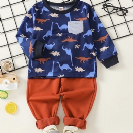 2st Bebis Pojkar T-shirt Dinosaurietryck Rundhalsad Långärmad Topp & Byxuppsättning Barnkläder
