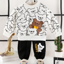 2st Bebis Pojkar Tecknad Bear Print Pullover Rundhalsad Långärmad Sweatshirt & Byxset Barnkläder