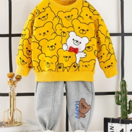 2st Bebis Pojkar Tecknad Bear Print Pullover Rundhalsad Långärmad Sweatshirt & Byxset Barnkläder