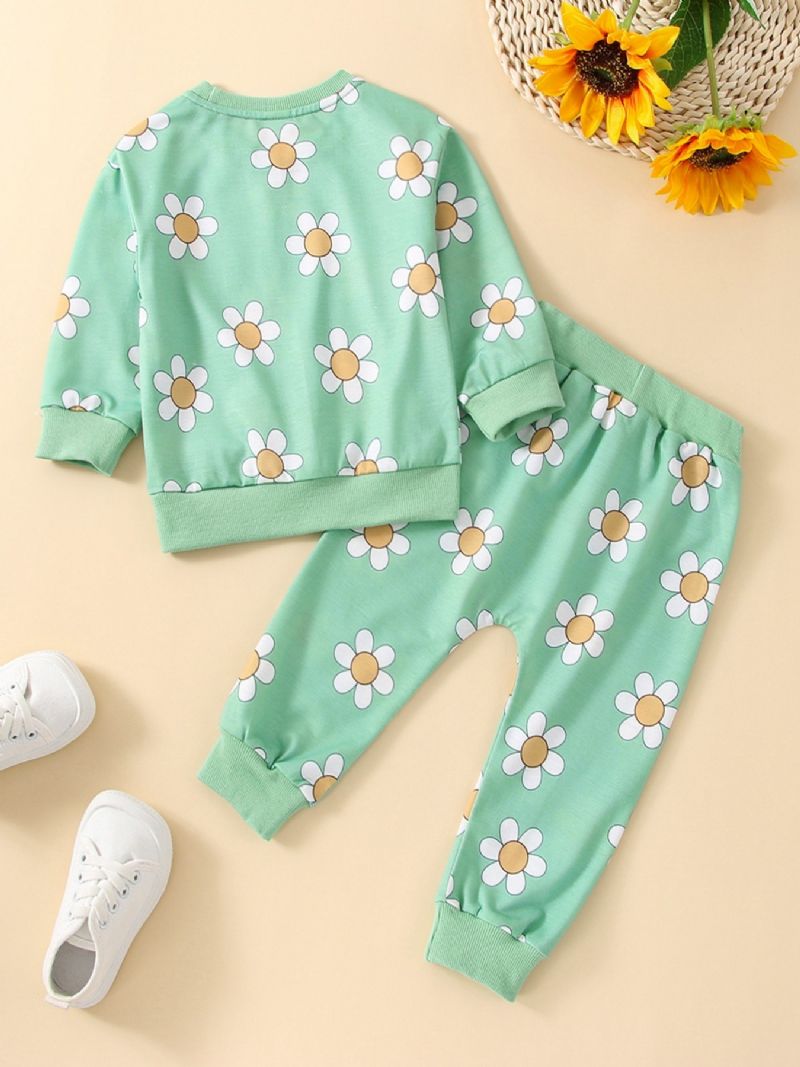 2st Flickhöstkläder Långärmad Tröja Med Blommönster Topp & Byxor Outfit
