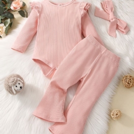 2st Newborn Bebis Enfärgad Långärmad Romper & Byxor & Pannband Set För Tjejer