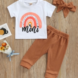 2st Newborn Bebis Flickor Sets Regnbågsbokstavstryck T-shirt Enfärgade Våffelbyxor