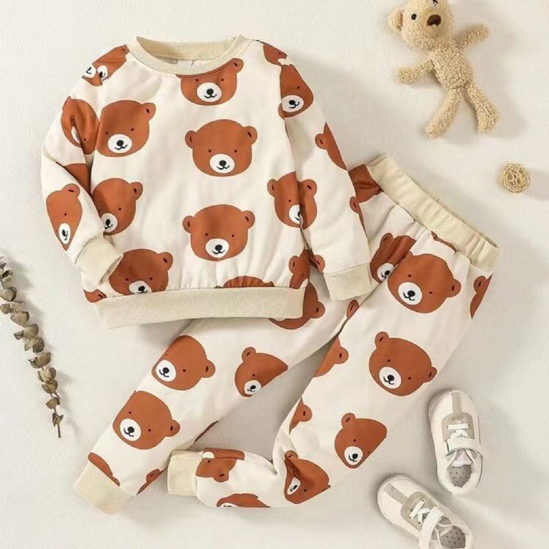 2st Pojkar Bear Cartoon Print Casual Sweatshirt & Byxa Set