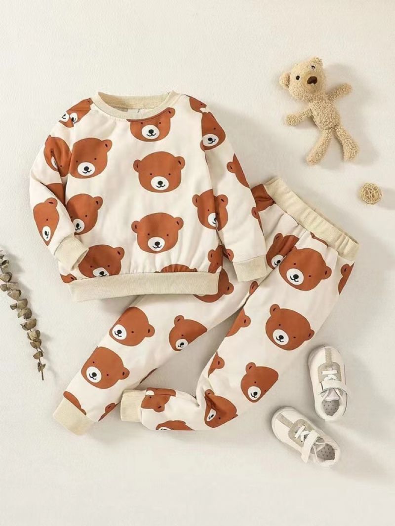 2st Pojkar Bear Cartoon Print Casual Sweatshirt & Byxa Set