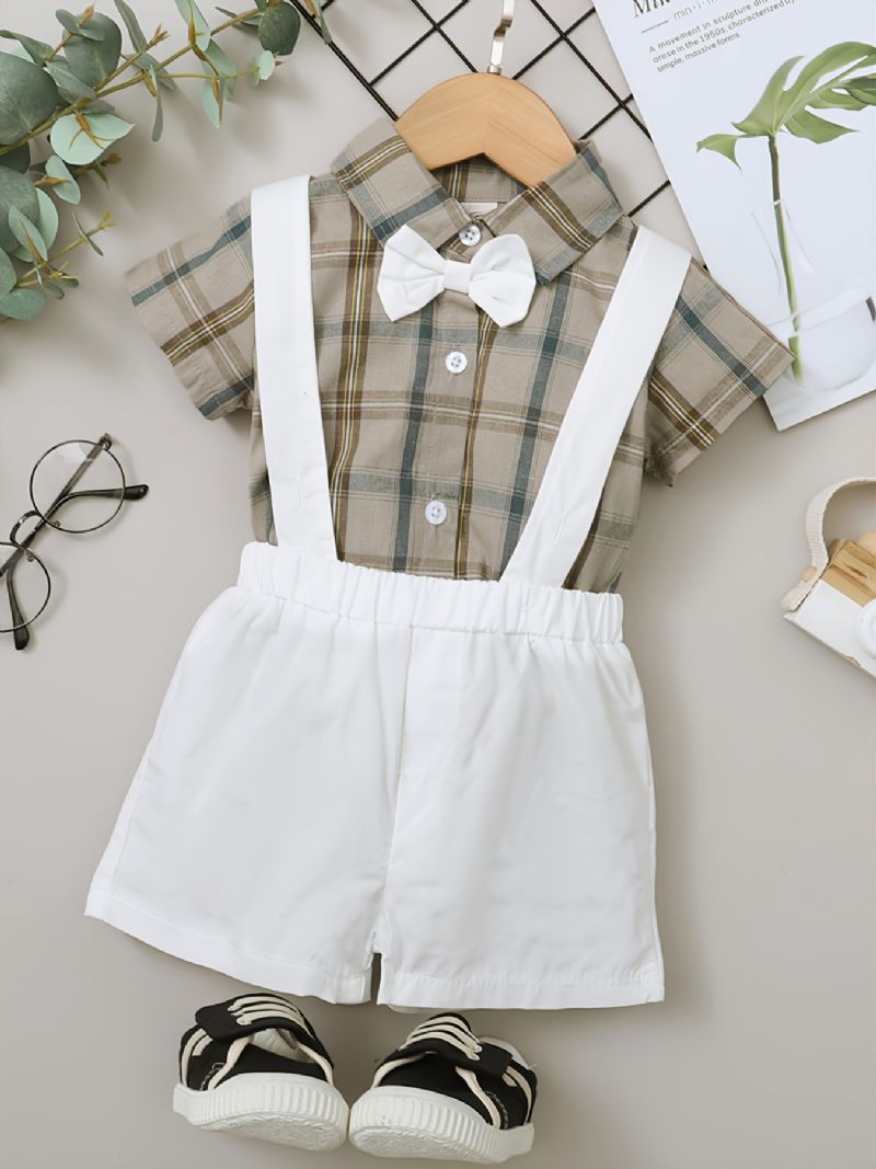 2st Pojkar Bodysuit Set Casual Pläd Bomulls Kortärmad Body & Enfärgad Bibbed Shorts Set