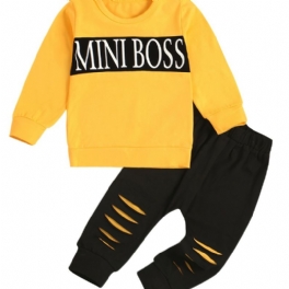 2st Pojkar Casual Set Med Mini Boss Print Active Pullover Sweatshirt & Ripped Sweatpants För Vinter