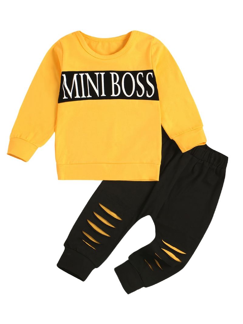 2st Pojkar Casual Set Med Mini Boss Print Active Pullover Sweatshirt & Ripped Sweatpants För Vinter