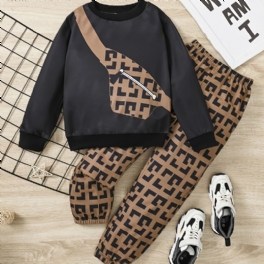 2st Pojkar Modeväska Print Rundhalsad Långärmad Sweatshirt & Byxa Set