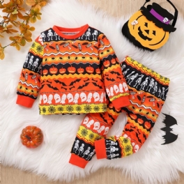 2st Pojkar Söt Halloween Print Pyjamas Set Med Pullover Sweatshirt & Byxor För Fest