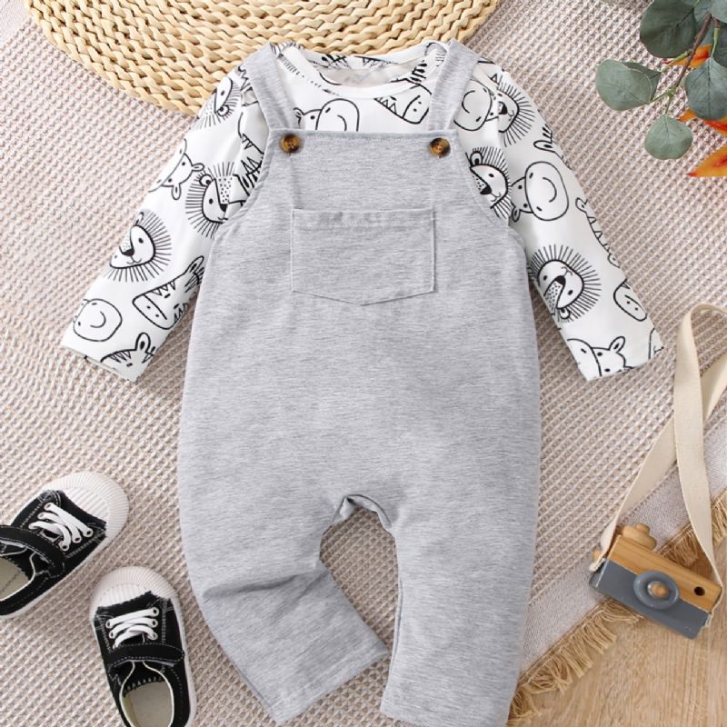 2st Småbarn Bebis Tecknad Djurtryck Långärmad Romper & Overall Set För Flickor Pojkar