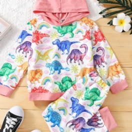 2st Småbarn Flickor Långärmad Huv Dinosaur Print Färgglada Sweatshirt & Byxor Set
