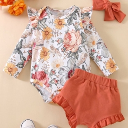 2st Söta Flickor-byxor Set Med Volangsblommatryck Romper & Shorts Set