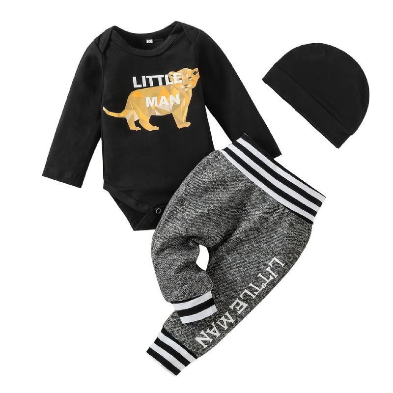 3 St Newborn Bebis Pojkar Animal Print Långärmad Romper & Byxor & Hatt Set