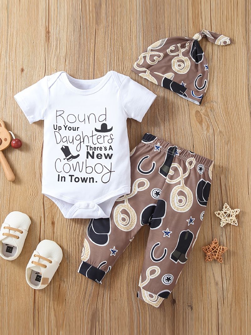 3 St Nyfödda Pojkar Cowboy Print Romper Set Med Söt Casual Crew Neck Kortärmad & Byxor & Hatt För Vinter