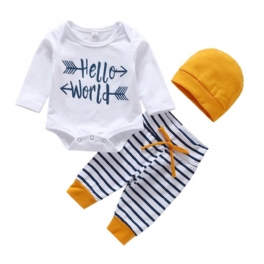 3st Bebis Pojkar Hello World Letter Print Onesie Top Randiga Byxor Med Hatt Set Kläder