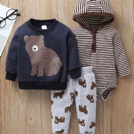 3st Bebis Pojkar Hooded Bear Print Bodysuit & Sweatshirt & Byxor Set För Höst Vinter Ny