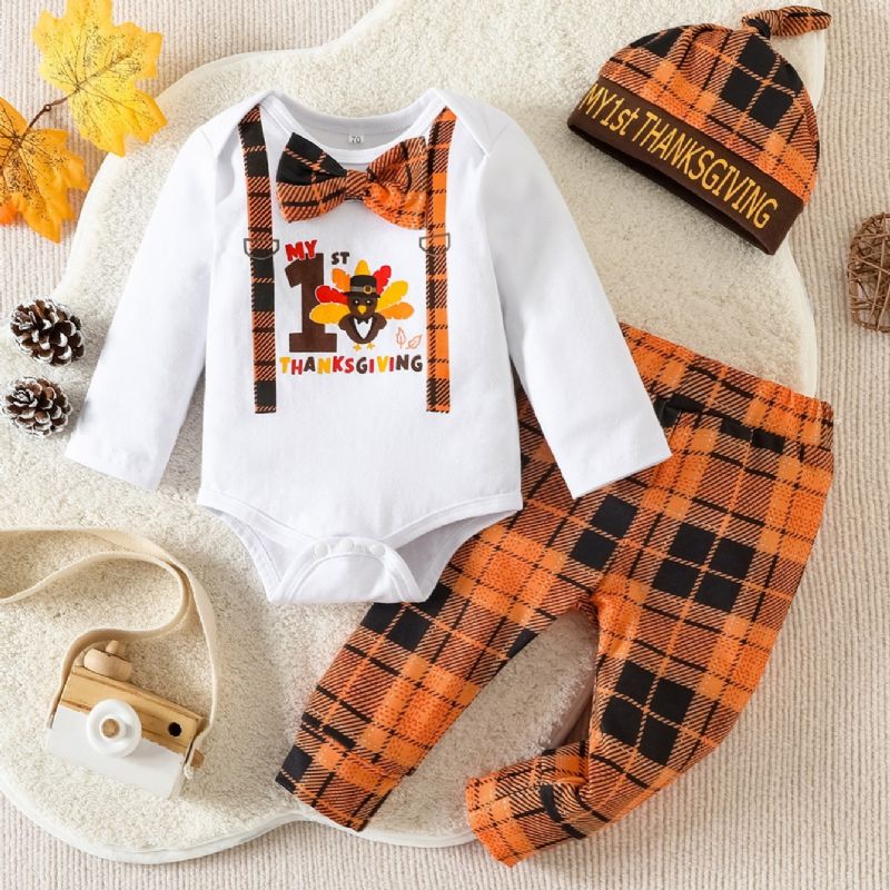 3st Bebis Pojkar Långärmad Thanksgiving Romper Plädbyxor Med Hatt