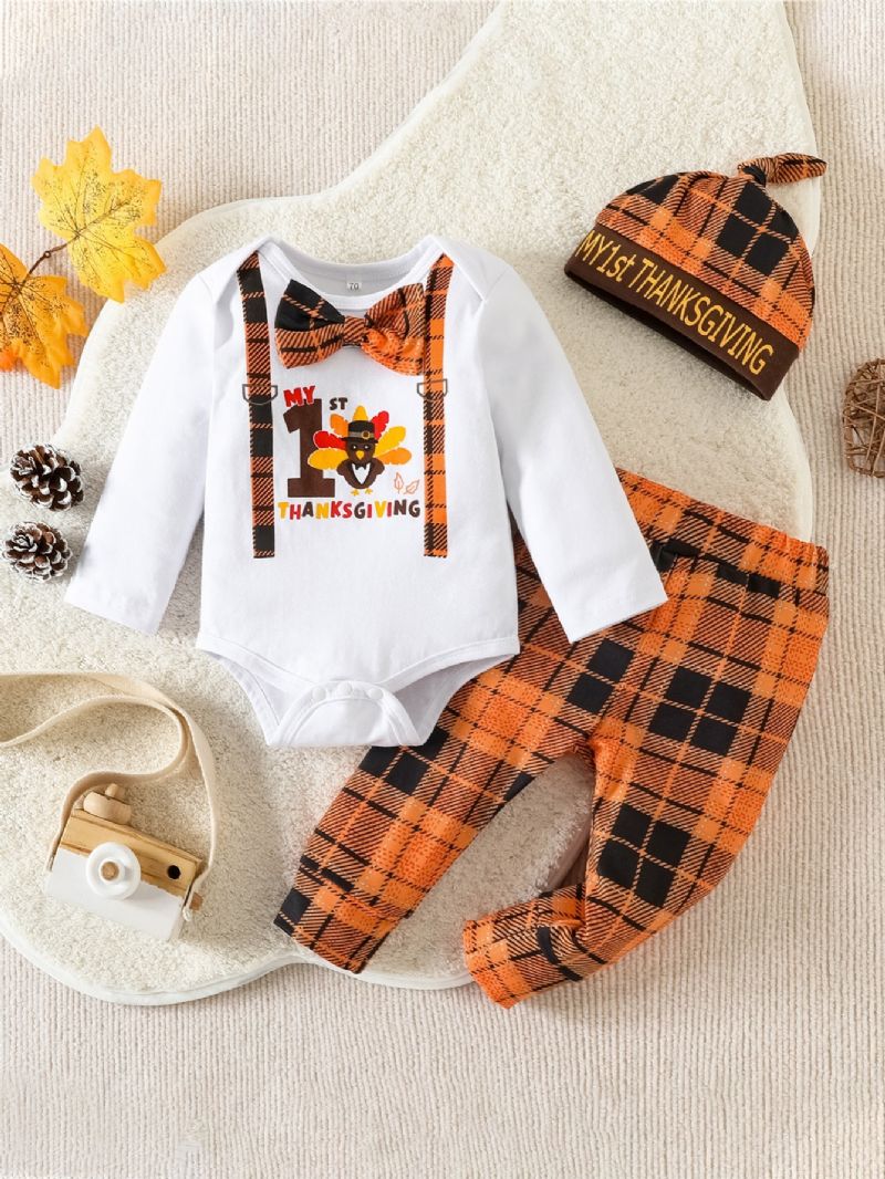 3st Bebis Pojkar Långärmad Thanksgiving Romper Plädbyxor Med Hatt