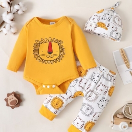 3st Bebis Pojkar Romper Set Med Tecknat Lejontryck Söt Casual Crew Neck Långärmad Pullover & Byxor & Hatt För Vinter