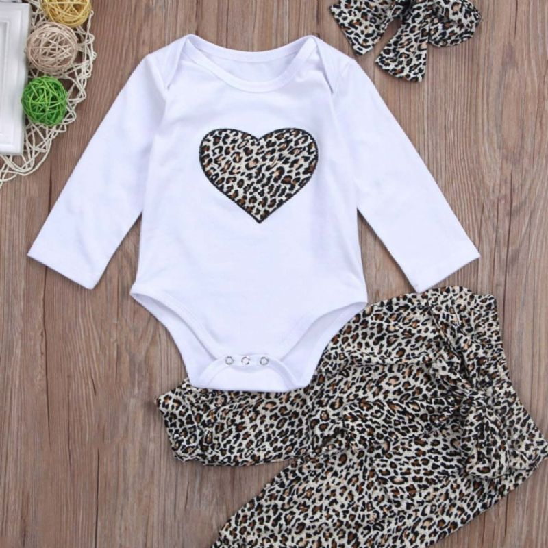 3st Flickor Leopard Print Heart Romper & Byxor Med Pannband