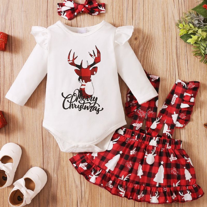 3st Långärmad Onesie Suspender Kjol & Pannband Set Christmas Deer Print