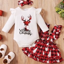 3st Långärmad Onesie Suspender Kjol & Pannband Set Christmas Deer Print