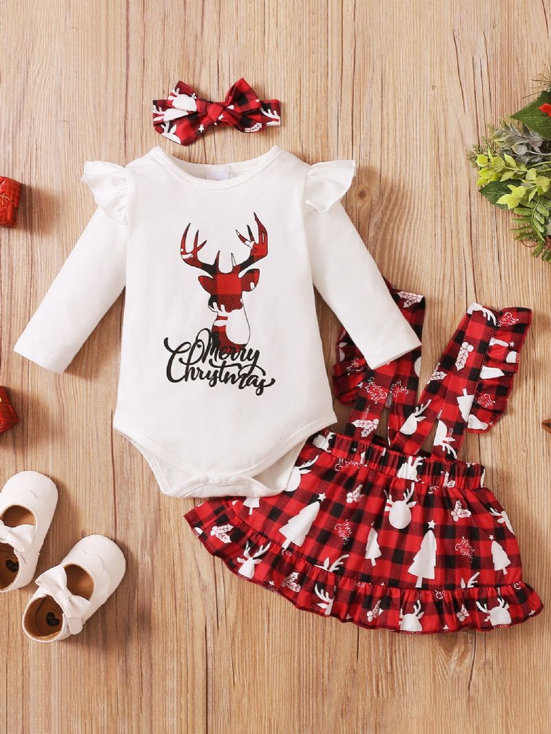 3st Långärmad Onesie Suspender Kjol & Pannband Set Christmas Deer Print