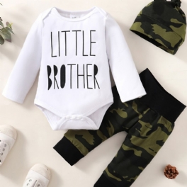 3st Newborn Bebis Letter Print Långärmade Rompers & Camo Byxor & Hatt För Pojkar Set