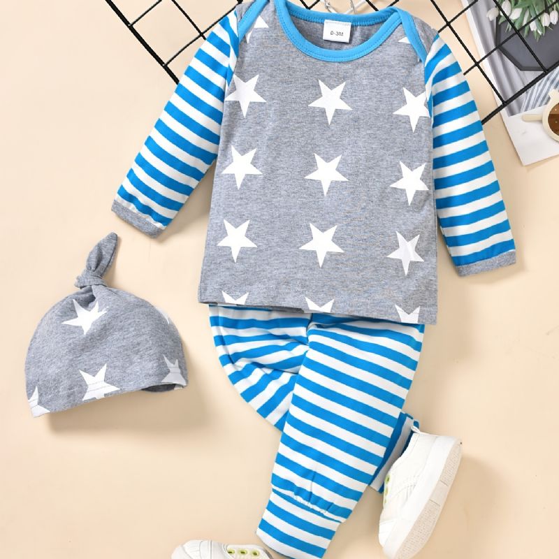 3st Småbarn Bebis Stripe Print Långärmad & Byxor & Hatt Set För Pojkar