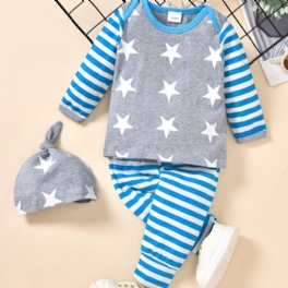 3st Småbarn Bebis Stripe Print Långärmad & Byxor & Hatt Set För Pojkar