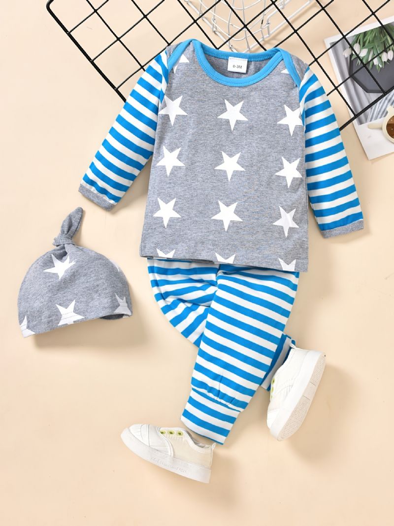 3st Småbarn Bebis Stripe Print Långärmad & Byxor & Hatt Set För Pojkar