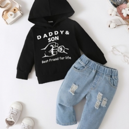 Barn Byxa Set Daddy&son Letter Print Hoodie & Ripped Jeans Set Barnkläder