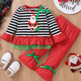 Barn Julset Bebis Flickor Randig Jultomte Broderi Utsvängda Ärmar Topp Polka Dot Rosett Byxor Set