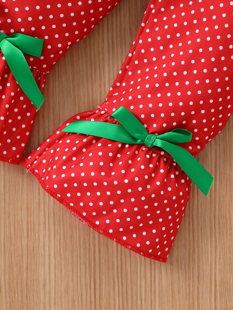 Barn Julset Bebis Flickor Randig Jultomte Broderi Utsvängda Ärmar Topp Polka Dot Rosett Byxor Set