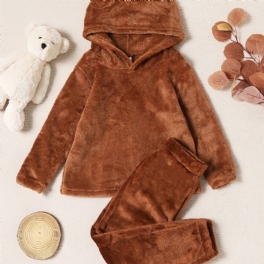 Barn Plysch Varm Söt Bear Hooded Top Byxor Set Höst Vinter