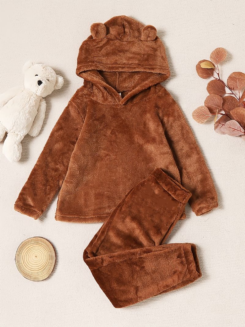 Barn Plysch Varm Söt Bear Hooded Top Byxor Set Höst Vinter