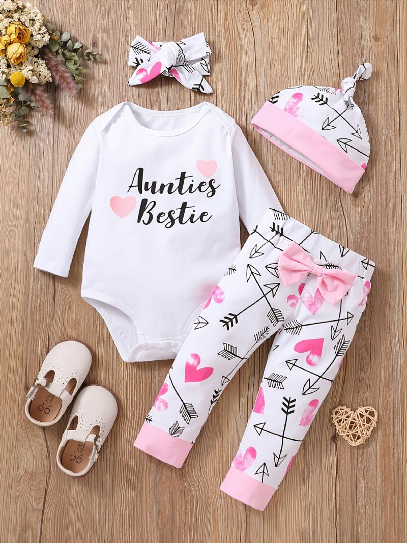 Bebis Flickor Alla Hjärtans Dag Långärmad Bodysuit & Hjärttryck Byxor & Hatt & Pannband