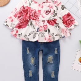 Bebis Flickor Blommönster Volang Dekor Långärmad & Jeansset