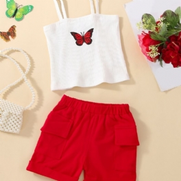 Bebis Flickor Butterfly Print Cami Top & Solid Color Pocket Shorts Barn Kläder Set